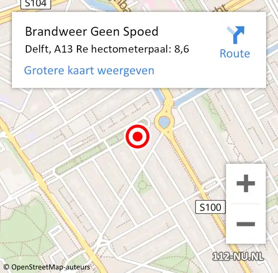 Locatie op kaart van de 112 melding: Brandweer Geen Spoed Naar Delft, A13 Re hectometerpaal: 8,7 op 25 juni 2018 04:01