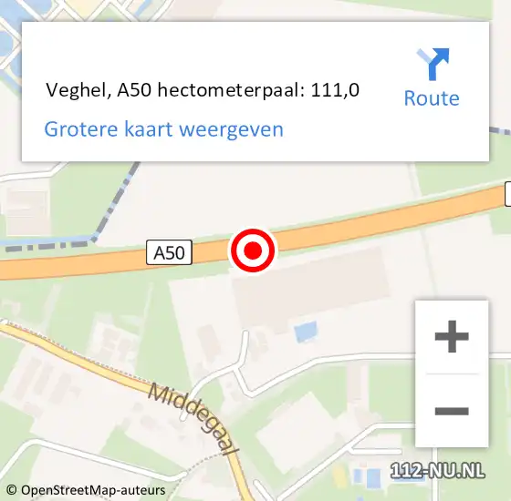 Locatie op kaart van de 112 melding:  Veghel, A50 hectometerpaal: 111,0 op 25 juni 2018 17:26