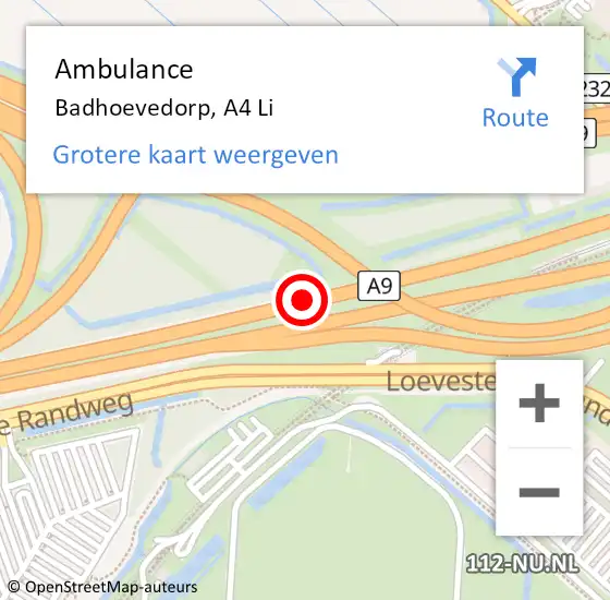 Locatie op kaart van de 112 melding: Ambulance Badhoevedorp, A4 Li op 26 juni 2018 20:46