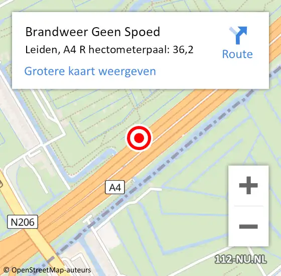 Locatie op kaart van de 112 melding: Brandweer Geen Spoed Naar Leiden, A4 R hectometerpaal: 36,4 op 27 juni 2018 00:34