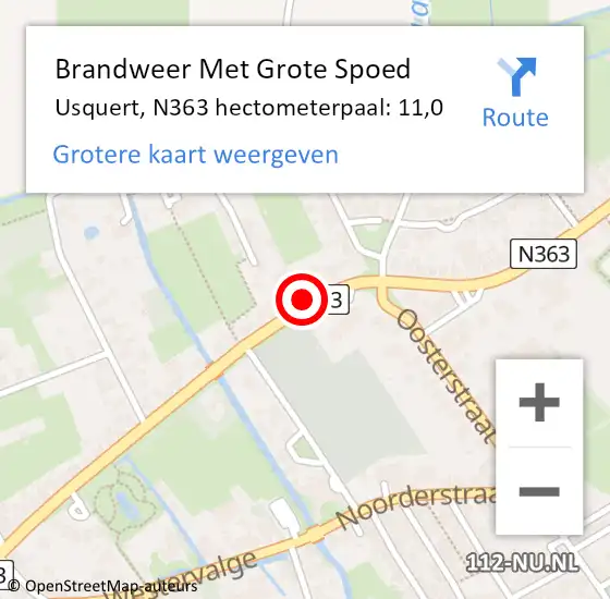 Locatie op kaart van de 112 melding: Brandweer Met Grote Spoed Naar Usquert, N363 hectometerpaal: 11,0 op 27 juni 2018 21:11