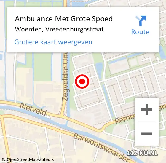 Locatie op kaart van de 112 melding: Ambulance Met Grote Spoed Naar Woerden, Vreedenburghstraat op 28 juni 2018 02:39