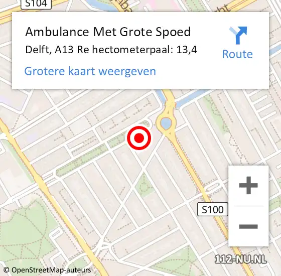 Locatie op kaart van de 112 melding: Ambulance Met Grote Spoed Naar Delft, A13 Re hectometerpaal: 11,8 op 30 juni 2018 05:36