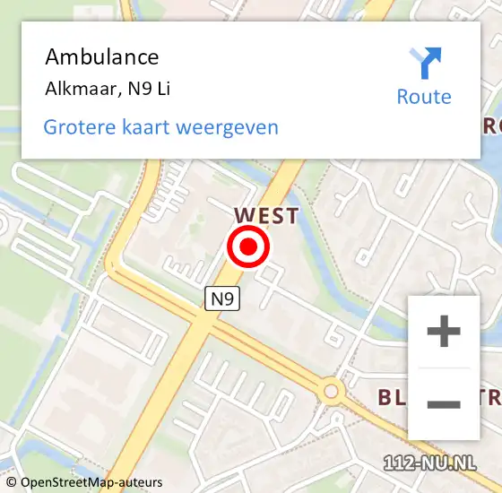 Locatie op kaart van de 112 melding: Ambulance Alkmaar, N9 Li op 30 juni 2018 14:03