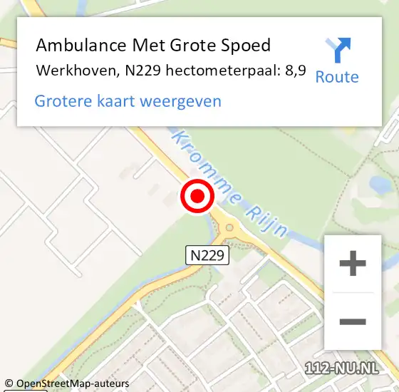 Locatie op kaart van de 112 melding: Ambulance Met Grote Spoed Naar Werkhoven, N229 hectometerpaal: 8,9 op 30 juni 2018 15:02