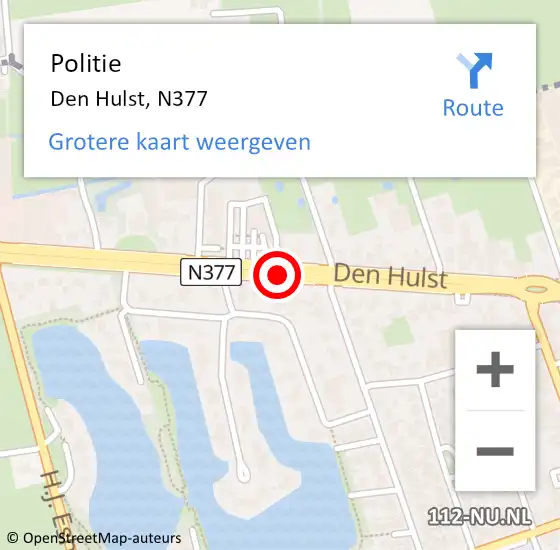 Locatie op kaart van de 112 melding: Politie Den Hulst, N377 op 30 juni 2018 22:14