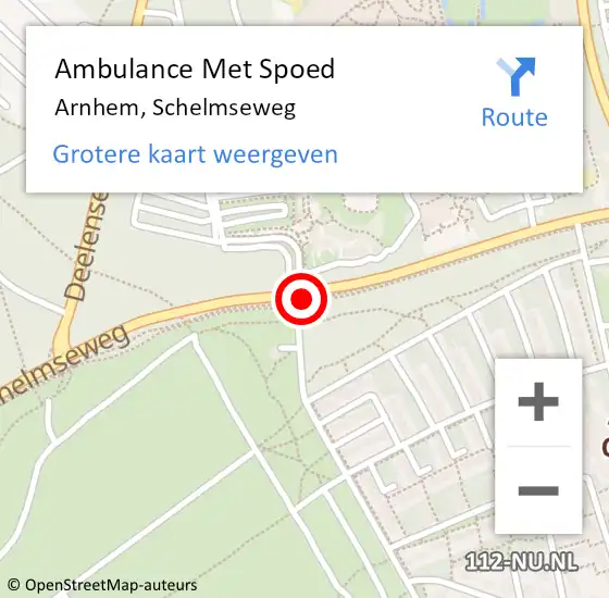 Locatie op kaart van de 112 melding: Ambulance Met Spoed Naar Arnhem, Schelmseweg op 1 juli 2018 10:40