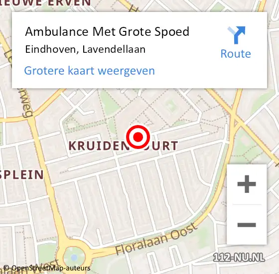 Locatie op kaart van de 112 melding: Ambulance Met Grote Spoed Naar Eindhoven, Lavendellaan op 1 juli 2018 14:29