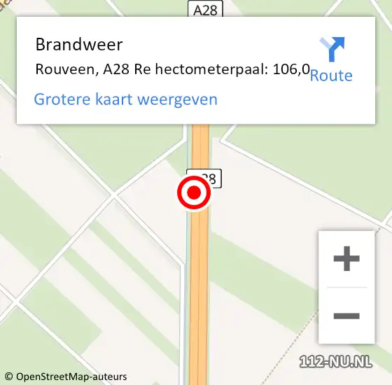 Locatie op kaart van de 112 melding: Brandweer Rouveen, A28 Re hectometerpaal: 106,0 op 1 juli 2018 15:48