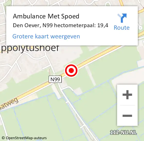 Locatie op kaart van de 112 melding: Ambulance Met Spoed Naar Den Oever, N99 hectometerpaal: 19,4 op 1 juli 2018 16:51