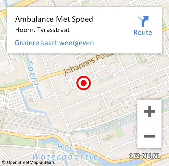 Locatie op kaart van de 112 melding: Ambulance Met Spoed Naar Hoorn, Tyrasstraat op 1 juli 2018 17:50