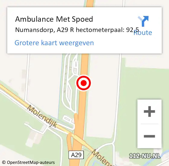 Locatie op kaart van de 112 melding: Ambulance Met Spoed Naar Numansdorp, A29 Re hectometerpaal: 93,6 op 2 juli 2018 03:22