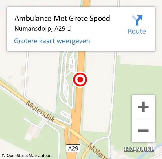 Locatie op kaart van de 112 melding: Ambulance Met Grote Spoed Naar Numansdorp, A29 Re hectometerpaal: 93,6 op 2 juli 2018 03:56