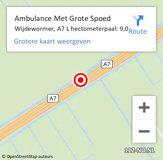 Locatie op kaart van de 112 melding: Ambulance Met Grote Spoed Naar Wijdewormer, A7 Re hectometerpaal: 11,0 op 3 juli 2018 17:22