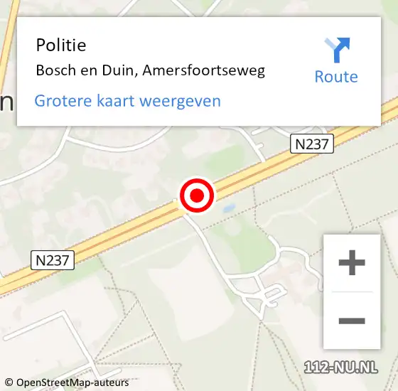 Locatie op kaart van de 112 melding: Politie Bosch en Duin, Amersfoortseweg op 3 juli 2018 17:25