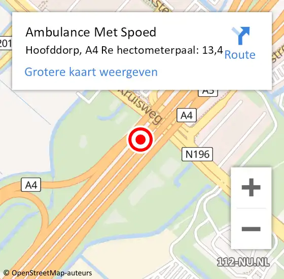 Locatie op kaart van de 112 melding: Ambulance Met Spoed Naar Hoofddorp, A4 Li hectometerpaal: 15,2 op 4 juli 2018 03:06