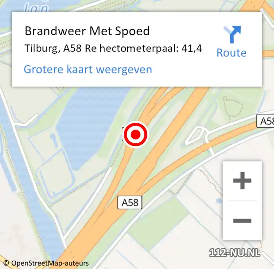 Locatie op kaart van de 112 melding: Brandweer Met Spoed Naar Tilburg, A58 Re hectometerpaal: 44,4 op 4 juli 2018 11:20