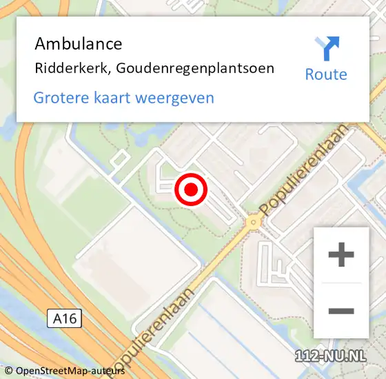 Locatie op kaart van de 112 melding: Ambulance Ridderkerk, Goudenregenplantsoen op 4 juli 2018 15:49
