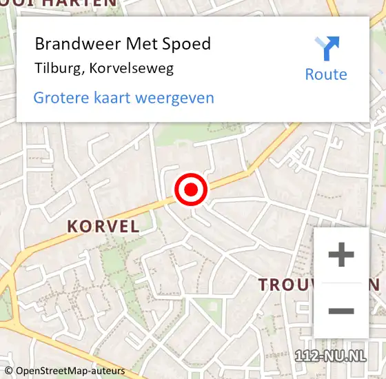 Locatie op kaart van de 112 melding: Brandweer Met Spoed Naar Tilburg, Korvelseweg op 4 juli 2018 19:27