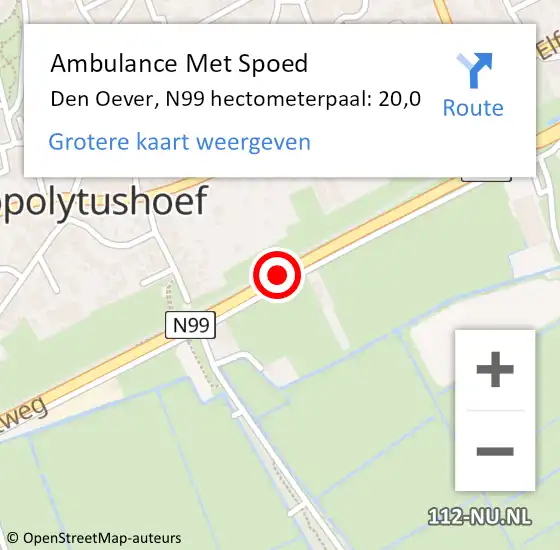 Locatie op kaart van de 112 melding: Ambulance Met Spoed Naar Den Oever, N99 hectometerpaal: 20,0 op 5 juli 2018 13:35