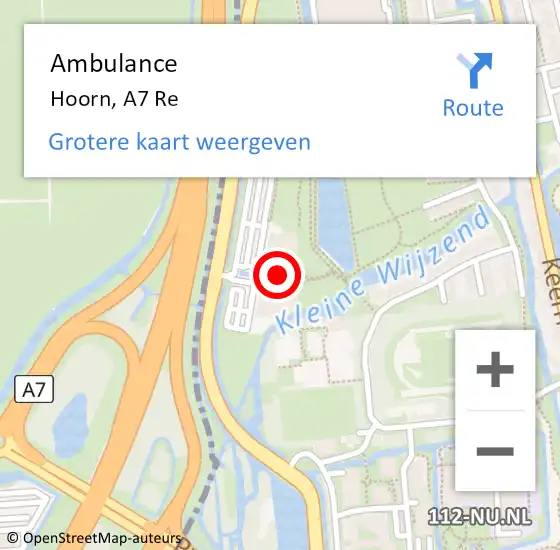 Locatie op kaart van de 112 melding: Ambulance Hoorn, A7 Re op 5 juli 2018 14:06