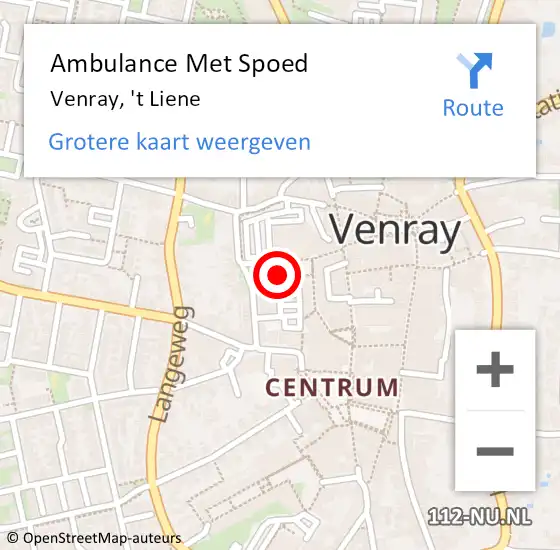 Locatie op kaart van de 112 melding: Ambulance Met Spoed Naar Venray, 't Liene op 5 juli 2018 15:39