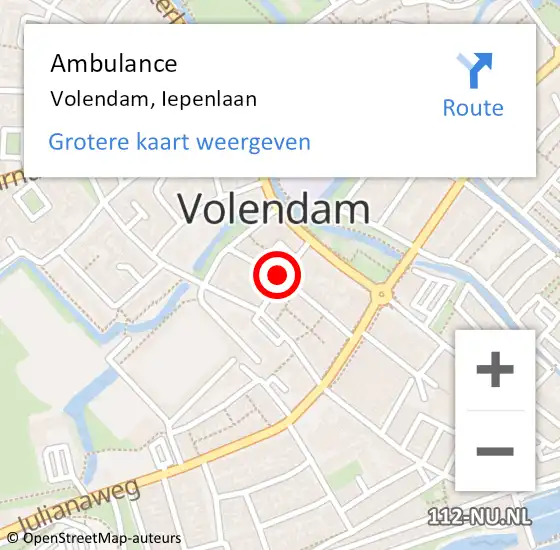 Locatie op kaart van de 112 melding: Ambulance Volendam, Iepenlaan op 6 juli 2018 07:21