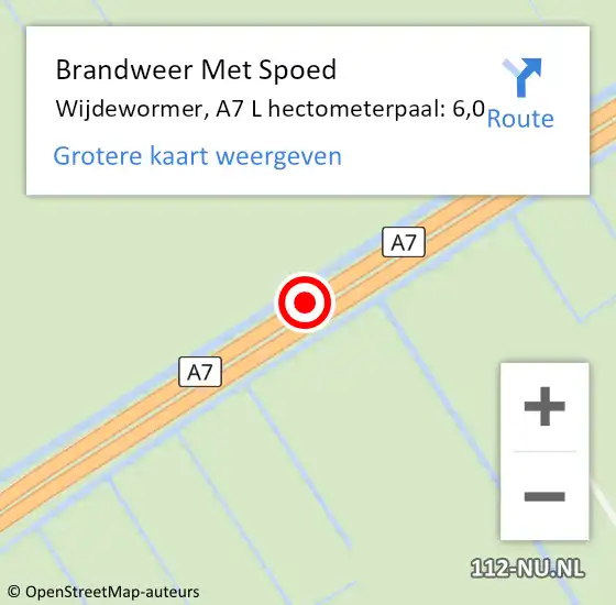 Locatie op kaart van de 112 melding: Brandweer Met Spoed Naar Wijdewormer, A7 Re hectometerpaal: 11,4 op 6 juli 2018 09:11