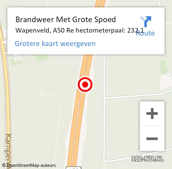 Locatie op kaart van de 112 melding: Brandweer Met Grote Spoed Naar Wapenveld, A50 Re hectometerpaal: 232,1 op 6 juli 2018 12:06