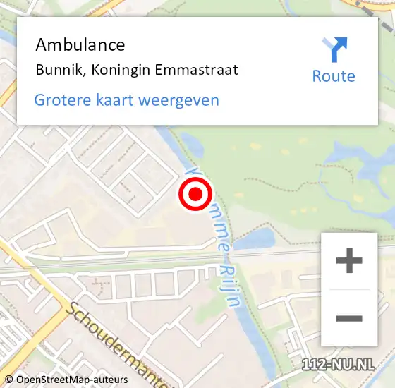 Locatie op kaart van de 112 melding: Ambulance Bunnik, Koningin Emmastraat op 6 juli 2018 17:02