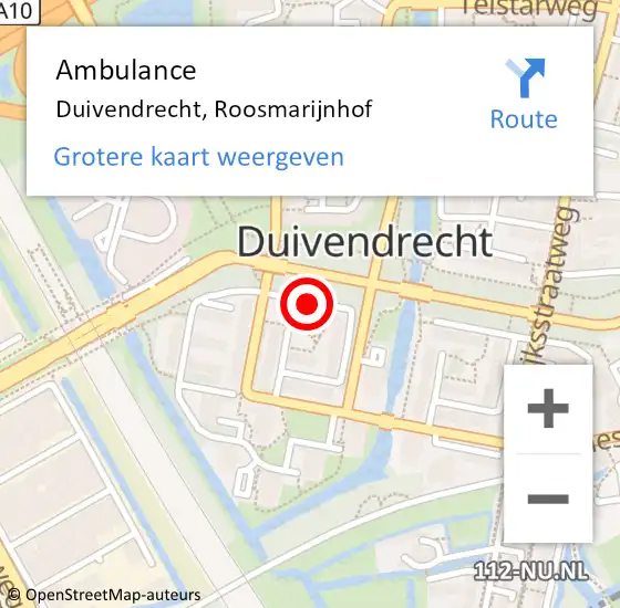 Locatie op kaart van de 112 melding: Ambulance Duivendrecht, Roosmarijnhof op 7 juli 2018 13:30