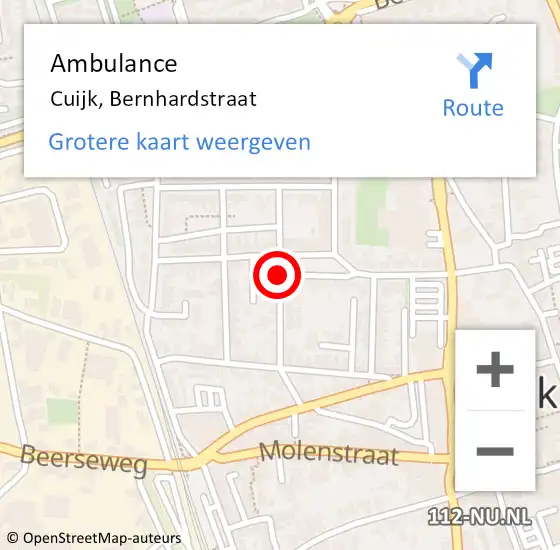 Locatie op kaart van de 112 melding: Ambulance Cuijk, Bernhardstraat op 8 juli 2018 12:09