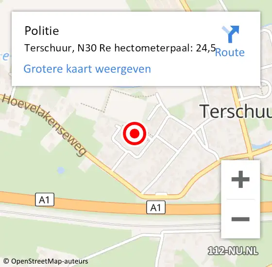 Locatie op kaart van de 112 melding: Politie Terschuur, N30 Re op 8 juli 2018 17:17