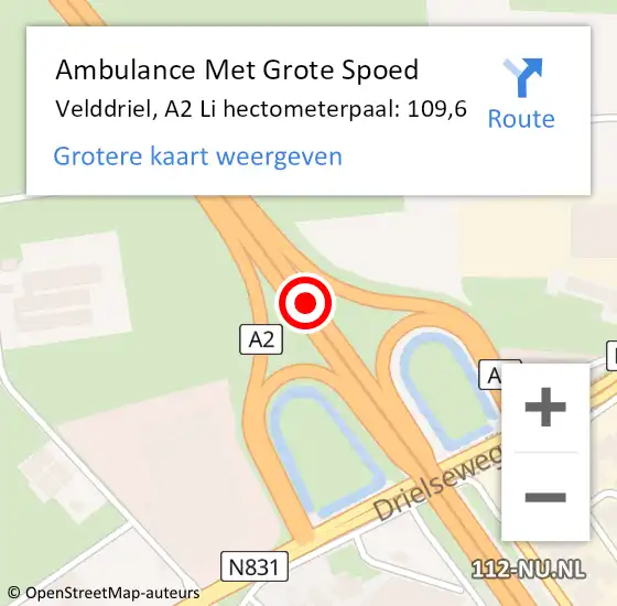Locatie op kaart van de 112 melding: Ambulance Met Grote Spoed Naar Velddriel, A2 Li hectometerpaal: 109,6 op 8 juli 2018 20:36
