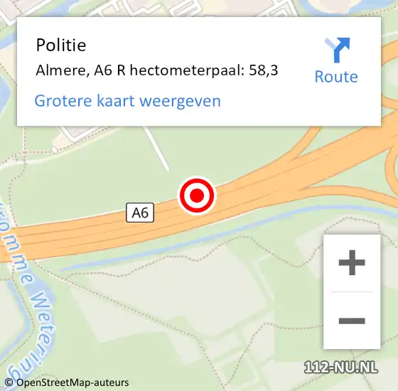 Locatie op kaart van de 112 melding: Politie Almere, A6 R hectometerpaal: 58,3 op 8 juli 2018 21:33