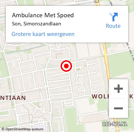 Locatie op kaart van de 112 melding: Ambulance Met Spoed Naar Son, Simonszandlaan op 8 juli 2018 22:22