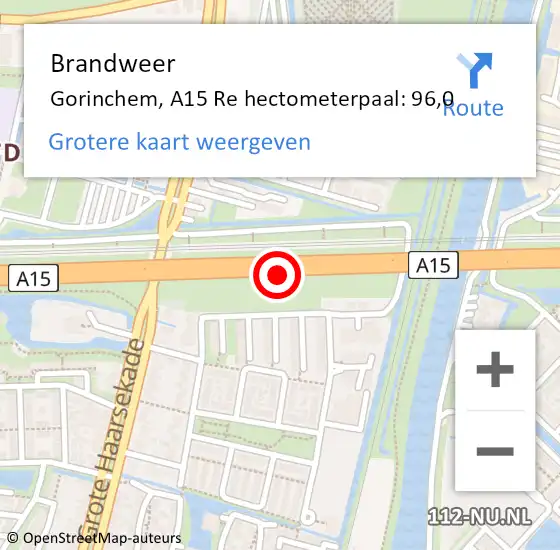 Locatie op kaart van de 112 melding: Brandweer Gorinchem, A15 Li hectometerpaal: 94,8 op 9 juli 2018 07:40