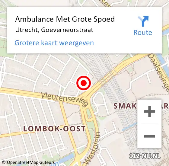 Locatie op kaart van de 112 melding: Ambulance Met Grote Spoed Naar Utrecht, Goeverneurstraat op 9 juli 2018 08:27