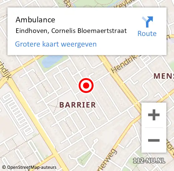 Locatie op kaart van de 112 melding: Ambulance Eindhoven, Cornelis Bloemaertstraat op 9 juli 2018 09:47