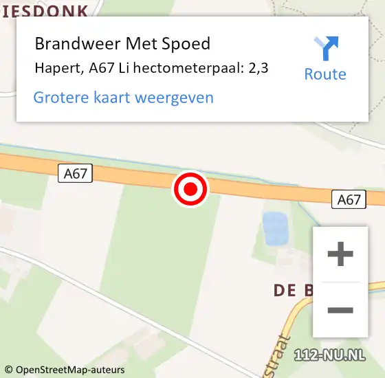 Locatie op kaart van de 112 melding: Brandweer Met Spoed Naar Veldhoven, A67 Li op 9 juli 2018 13:14