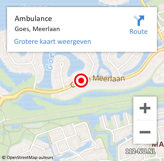 Locatie op kaart van de 112 melding: Ambulance Goes, Meerlaan op 9 juli 2018 19:15