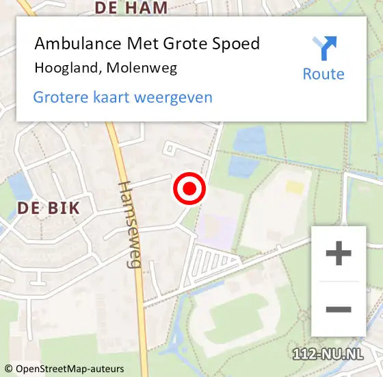 Locatie op kaart van de 112 melding: Ambulance Met Grote Spoed Naar Hoogland, Molenweg op 10 juli 2018 03:57