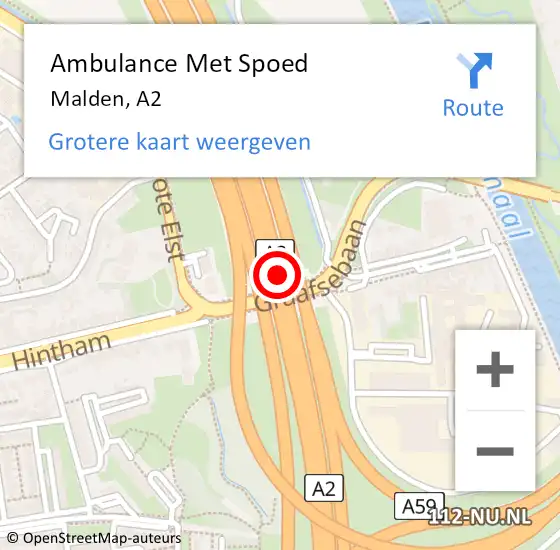 Locatie op kaart van de 112 melding: Ambulance Met Spoed Naar Malden, A2 op 10 juli 2018 13:47