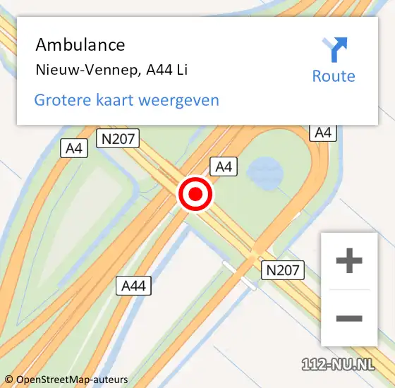 Locatie op kaart van de 112 melding: Ambulance Nieuw-Vennep, A44 Re op 10 juli 2018 17:13