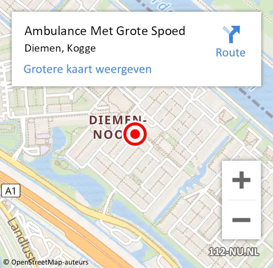 Locatie op kaart van de 112 melding: Ambulance Met Grote Spoed Naar Diemen, Kogge op 10 juli 2018 19:27