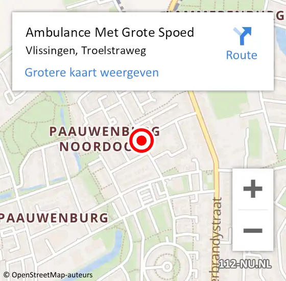 Locatie op kaart van de 112 melding: Ambulance Met Grote Spoed Naar Vlissingen, Troelstraweg op 11 juli 2018 13:47
