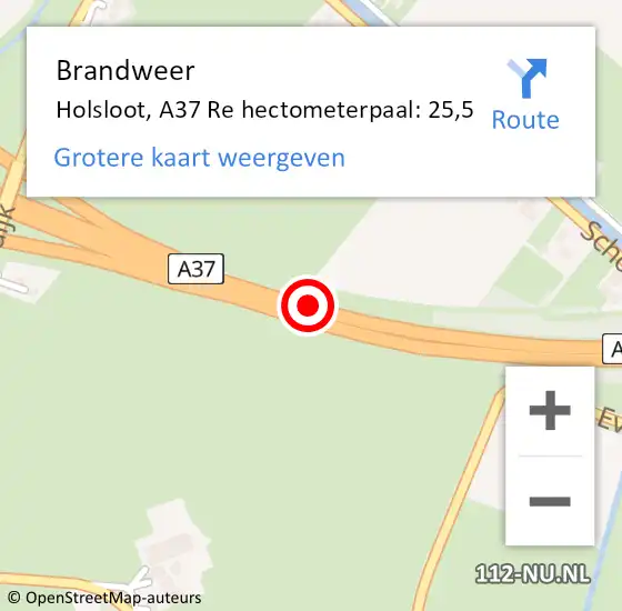 Locatie op kaart van de 112 melding: Brandweer Holsloot, A37 Re hectometerpaal: 25,5 op 12 juli 2018 07:15