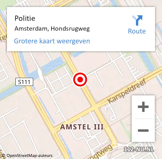 Locatie op kaart van de 112 melding: Politie Amsterdam, Hondsrugweg op 12 juli 2018 08:08