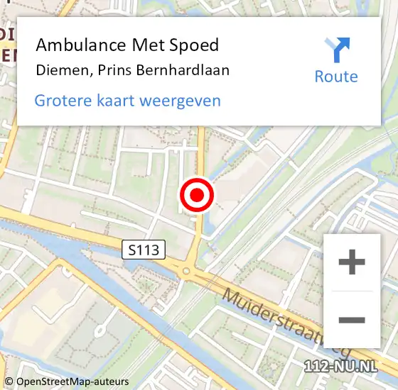 Locatie op kaart van de 112 melding: Ambulance Met Spoed Naar Diemen, Prins Bernhardlaan op 12 juli 2018 13:53