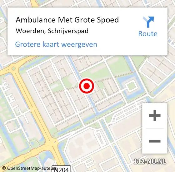 Locatie op kaart van de 112 melding: Ambulance Met Grote Spoed Naar Woerden, Schrijverspad op 12 juli 2018 22:53